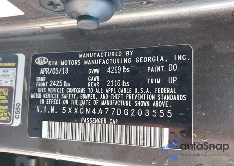 2013 Kia Optima Ex из США, поврежденный, VIN 5XXGN4A77DG203555